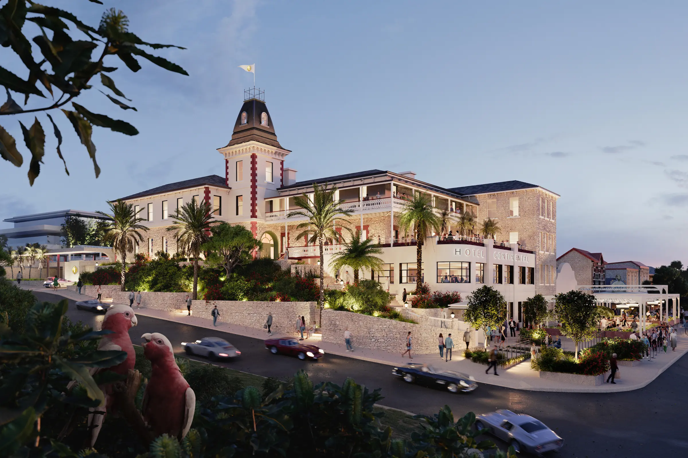 Continental Hotel coastal facade at sunset